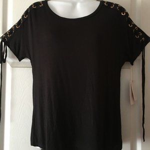NWT For The Republic Women's Shoulder Designed Crew Neck Black Top Small S ($58)